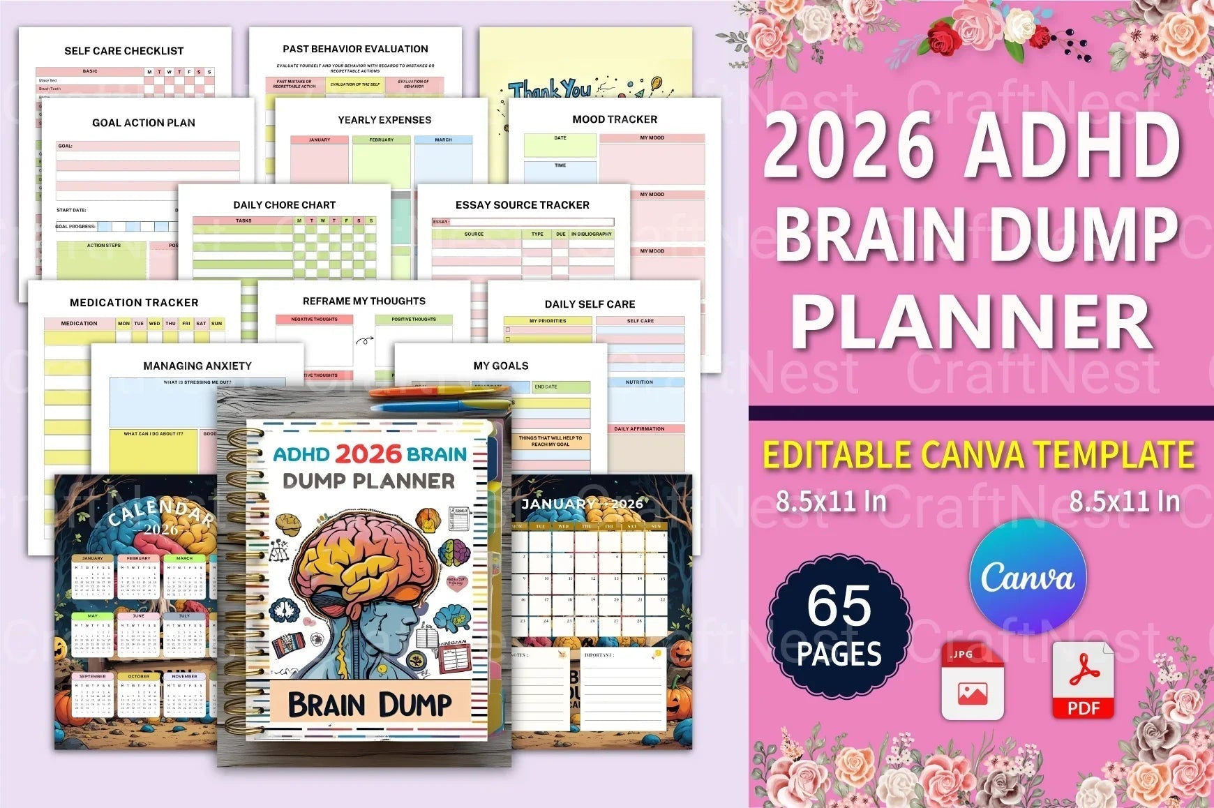 ADHD Printable Planner brain dump workbook cover preview