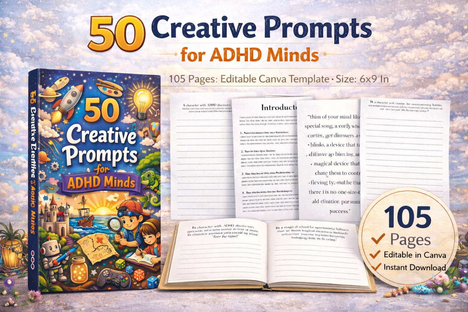 Creative Prompts for ADHD Minds cover with printable creativity prompt pages
