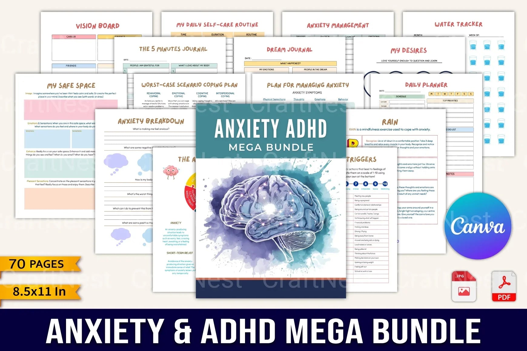Anxiety and ADHD Management Strategies printable planner cover for mental wellness