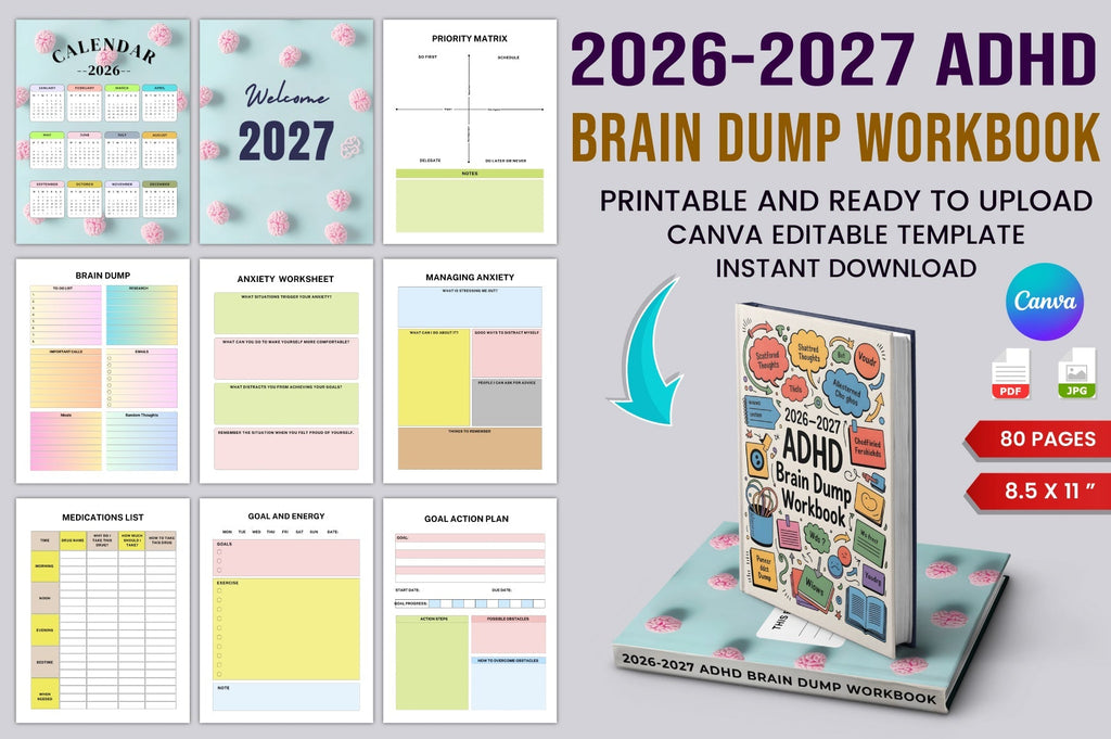 ADHD Brain Dump Book cover with printable brain dump worksheets