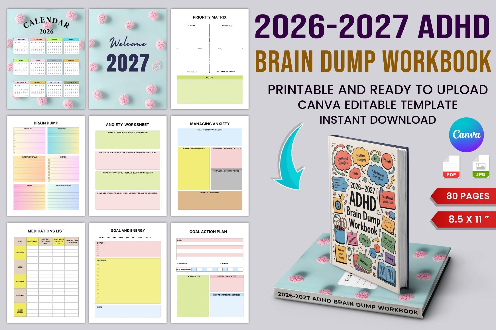 ADHD Brain Dump Book cover with printable brain dump worksheets