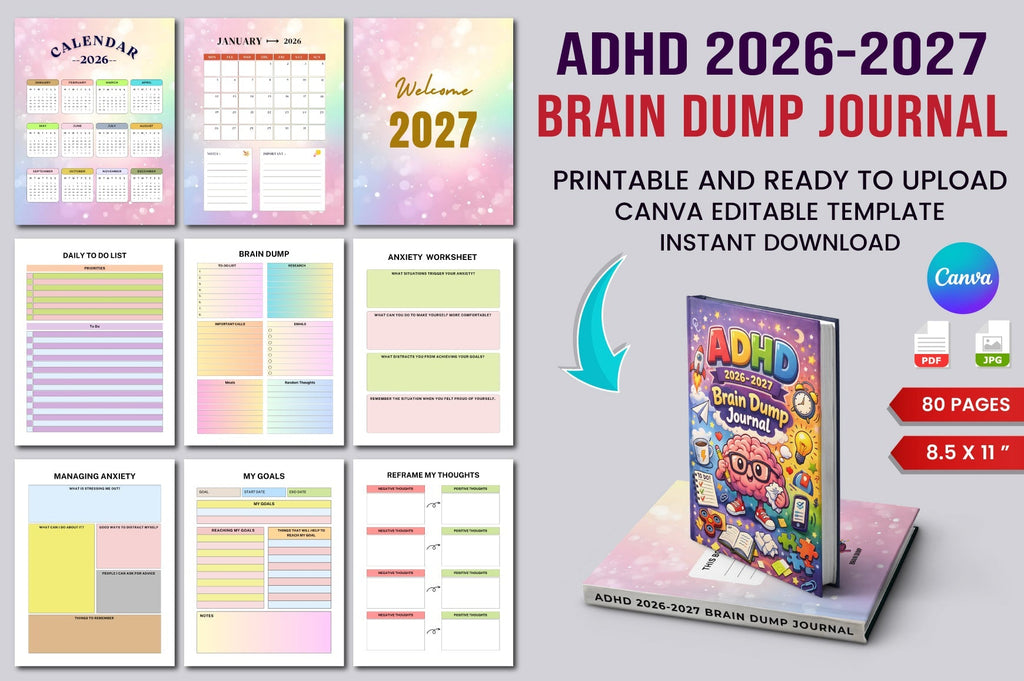 ADHD Brain Dump Journal cover with printable brain dump journal pages