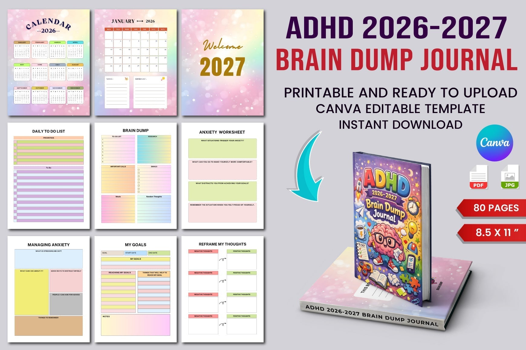 ADHD Brain Dump Journal cover with printable brain dump journal pages
