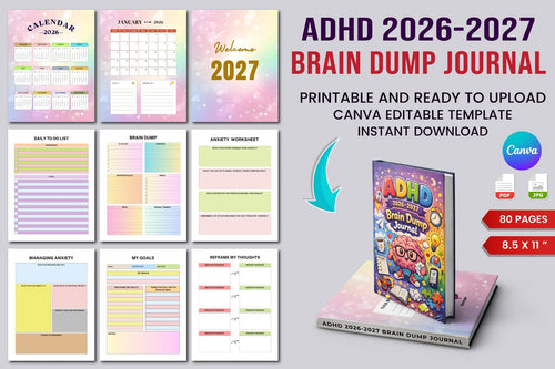 ADHD Brain Dump Journal cover with printable brain dump journal pages
