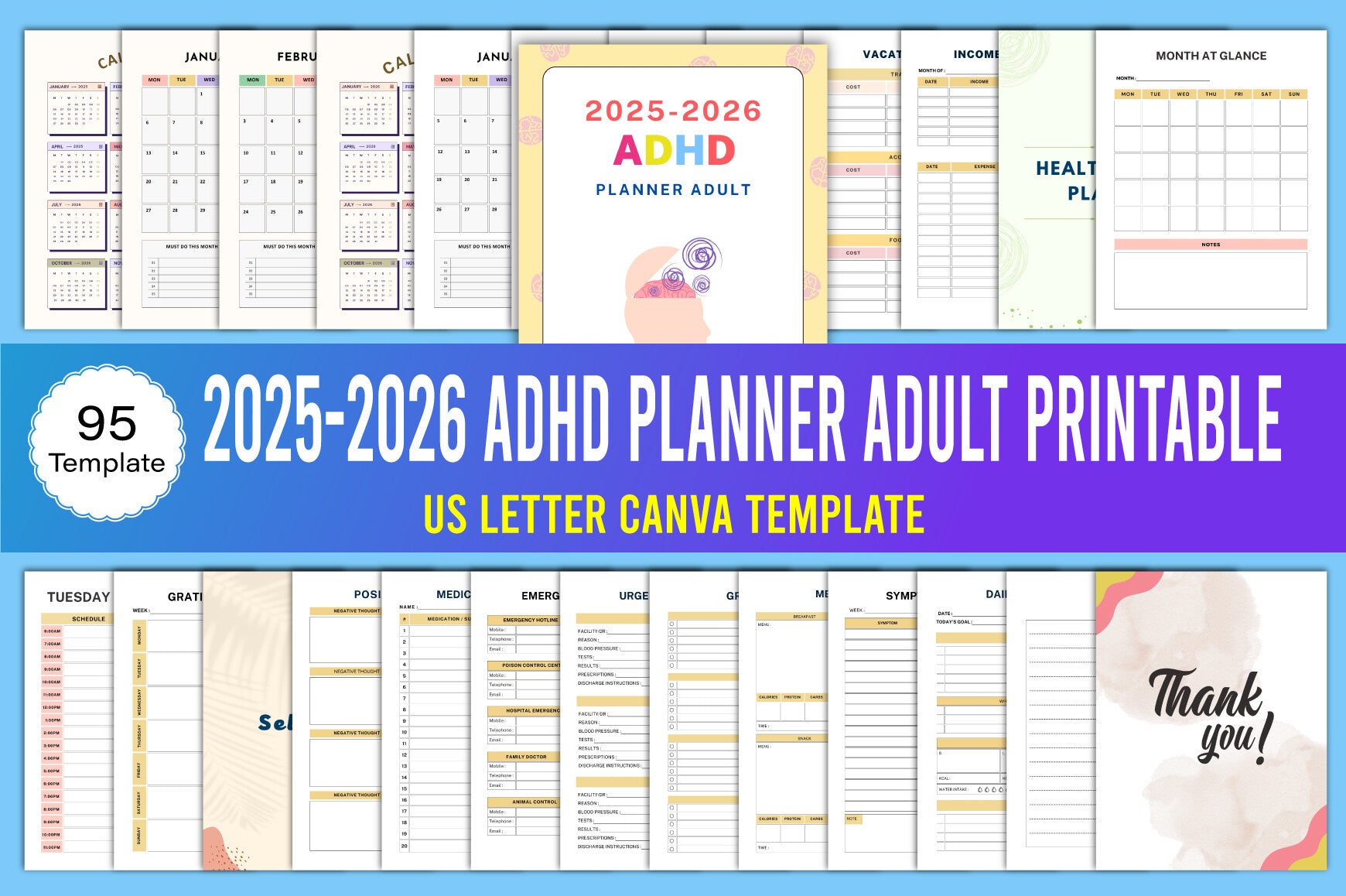 ADHD Adult Planner printable digital planner cover for organization and daily productivity