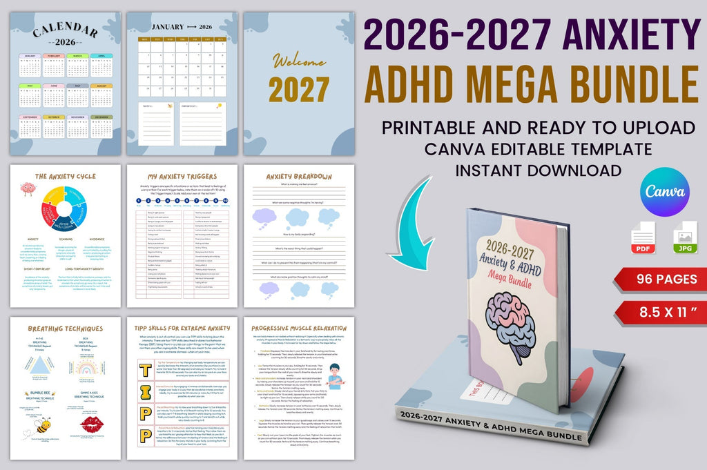 Anxiety ADHD Mega Journal cover with printable mindfulness and planner pages