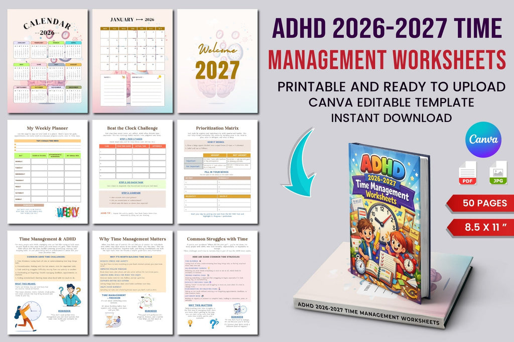 ADHD Time Management Worksheets Book cover with printable time management pages