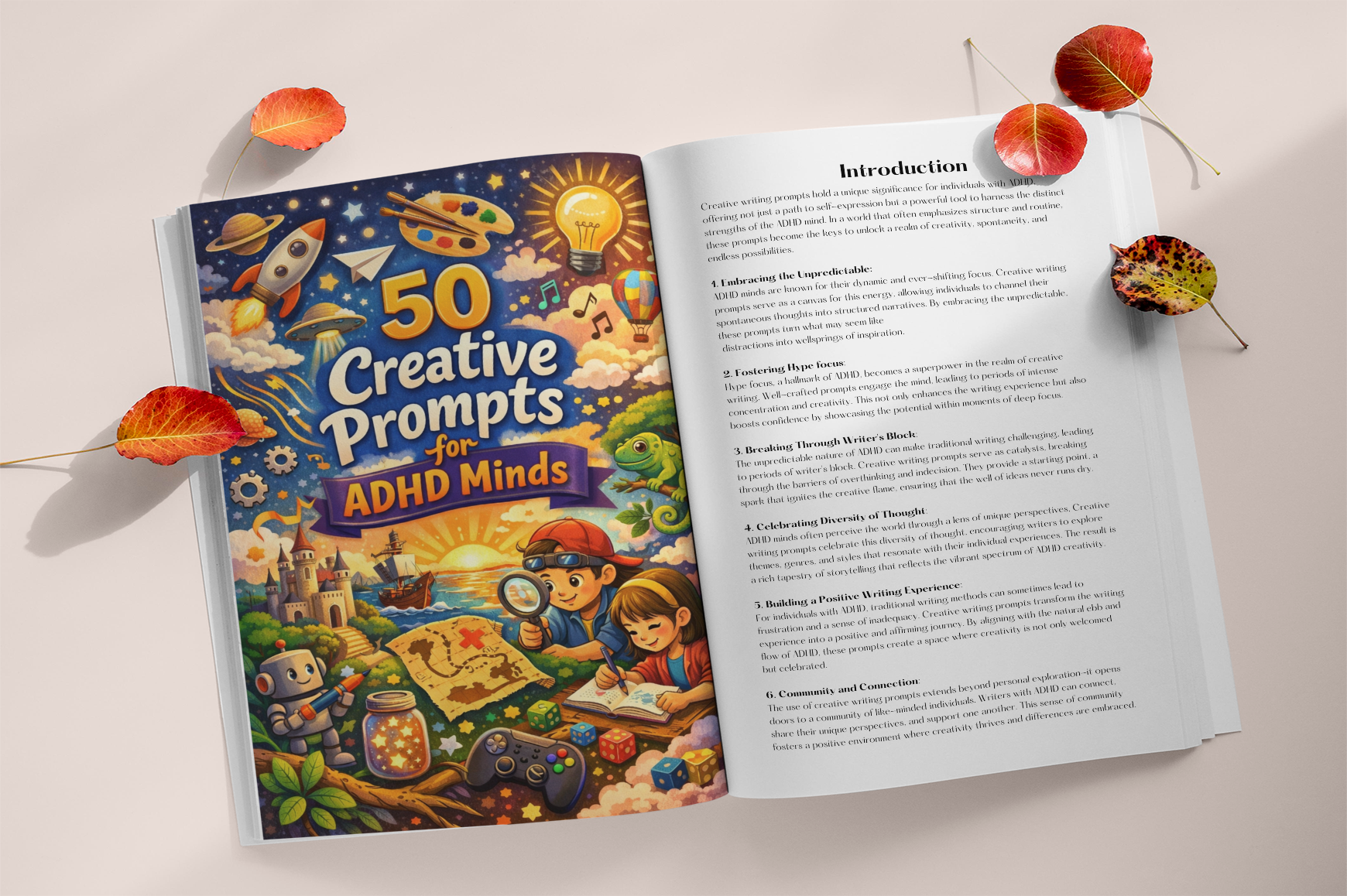 Creative Prompts for ADHD Minds featuring guided writing and reflection prompts