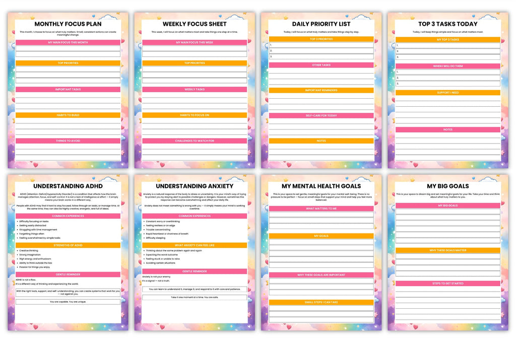 ADHD Anxiety Planner featuring self-care and stress management pages