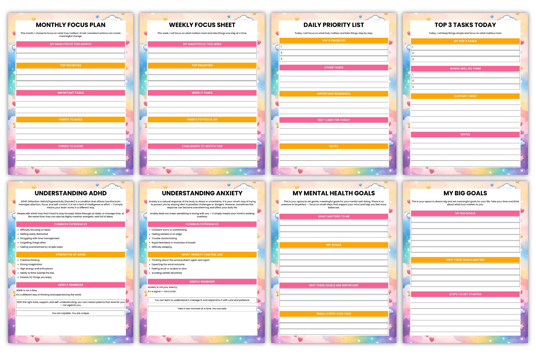 ADHD Anxiety Planner featuring self-care and stress management pages