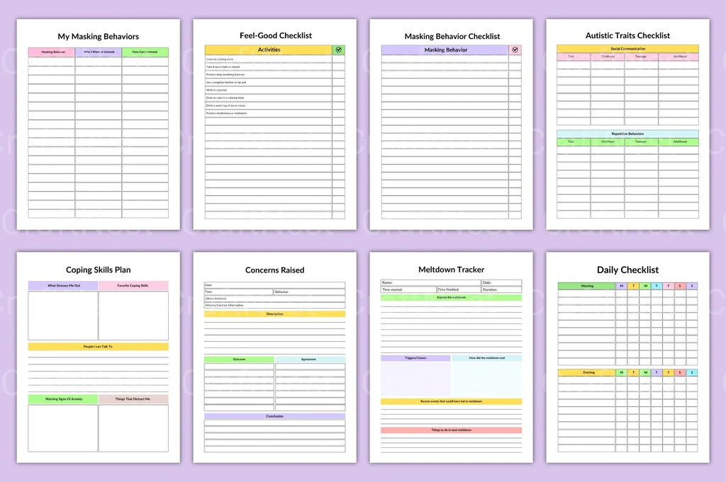 Autism organization planner with structured worksheets for focus and daily planning