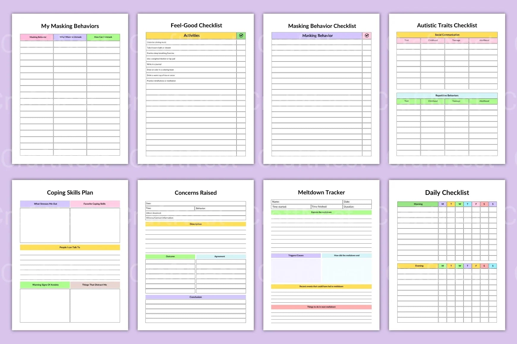Autism organization planner with structured worksheets for focus and daily planning