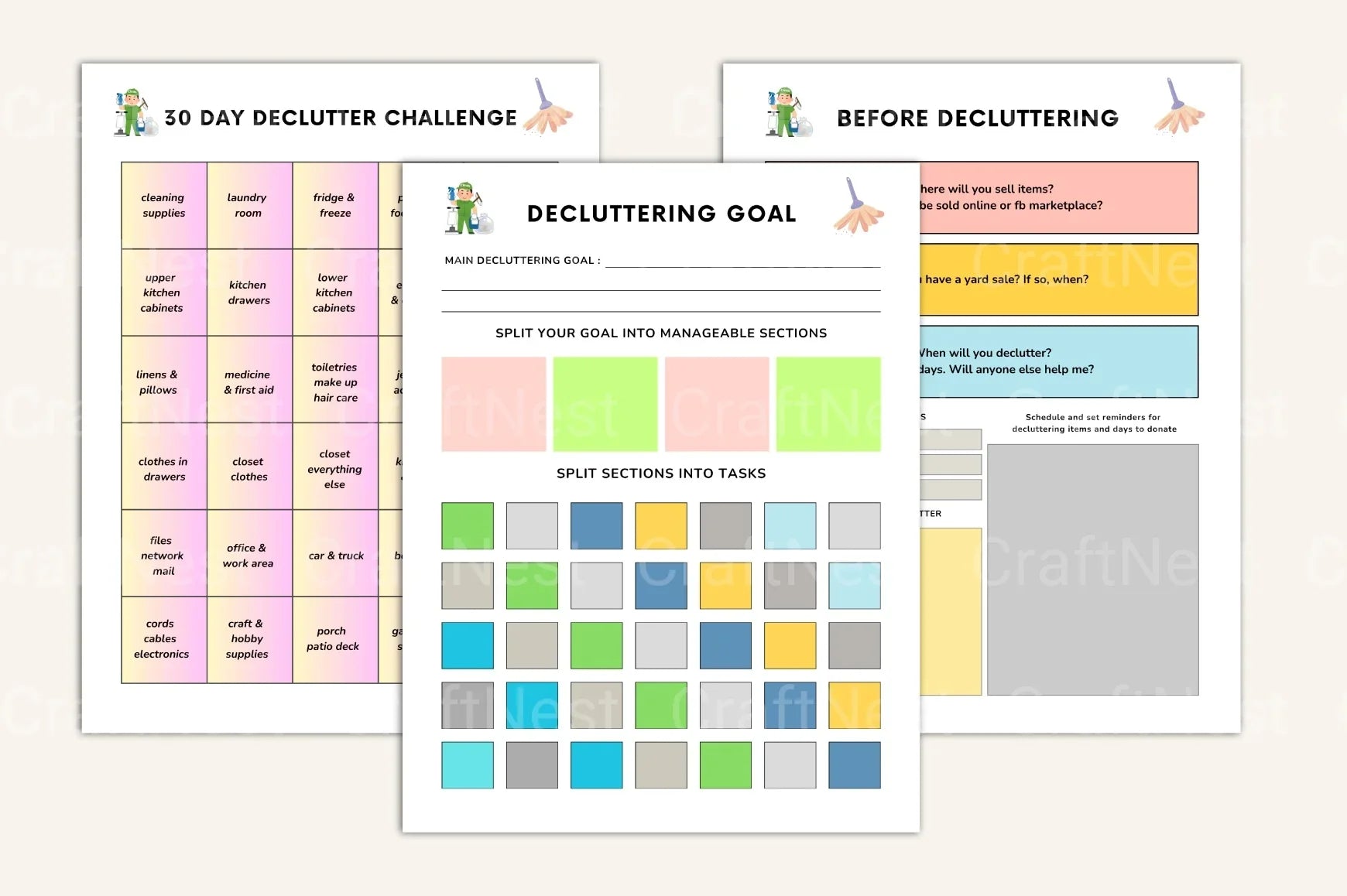 ADHD-friendly printable cleaning planner with decluttering checklist and organization templates