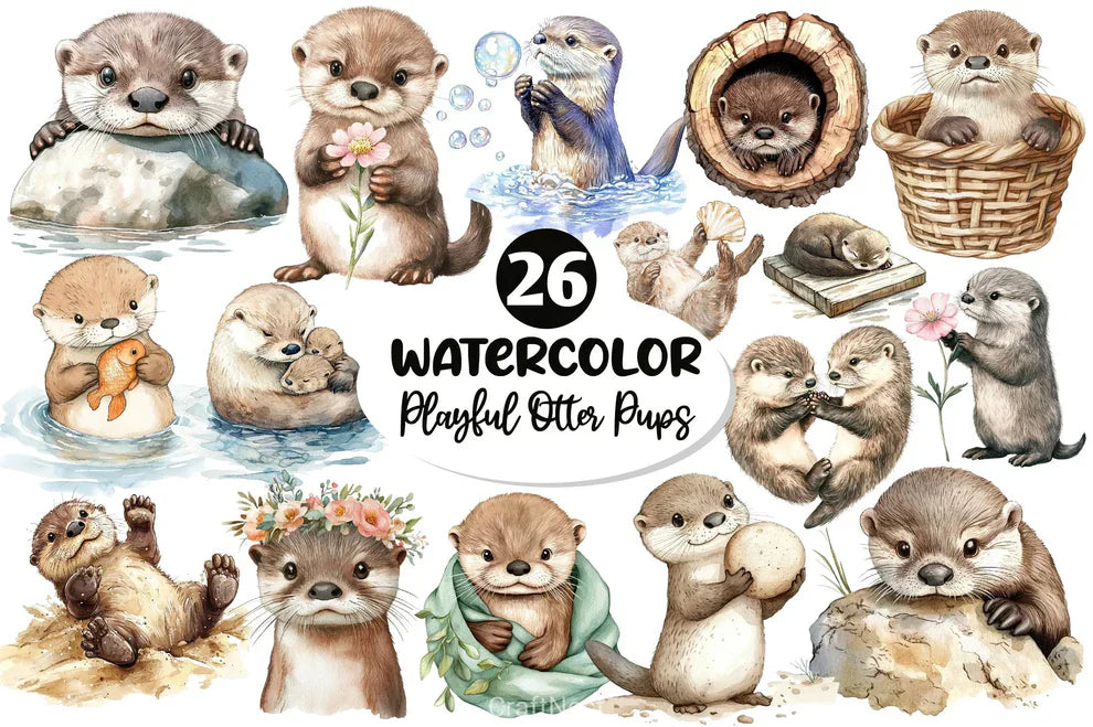 Playful Otter Pups Clipart Bundle