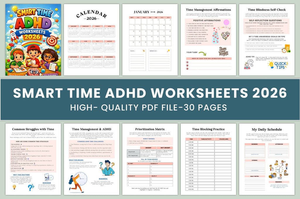 Smart Time ADHD Worksheets Book cover with printable time management pages