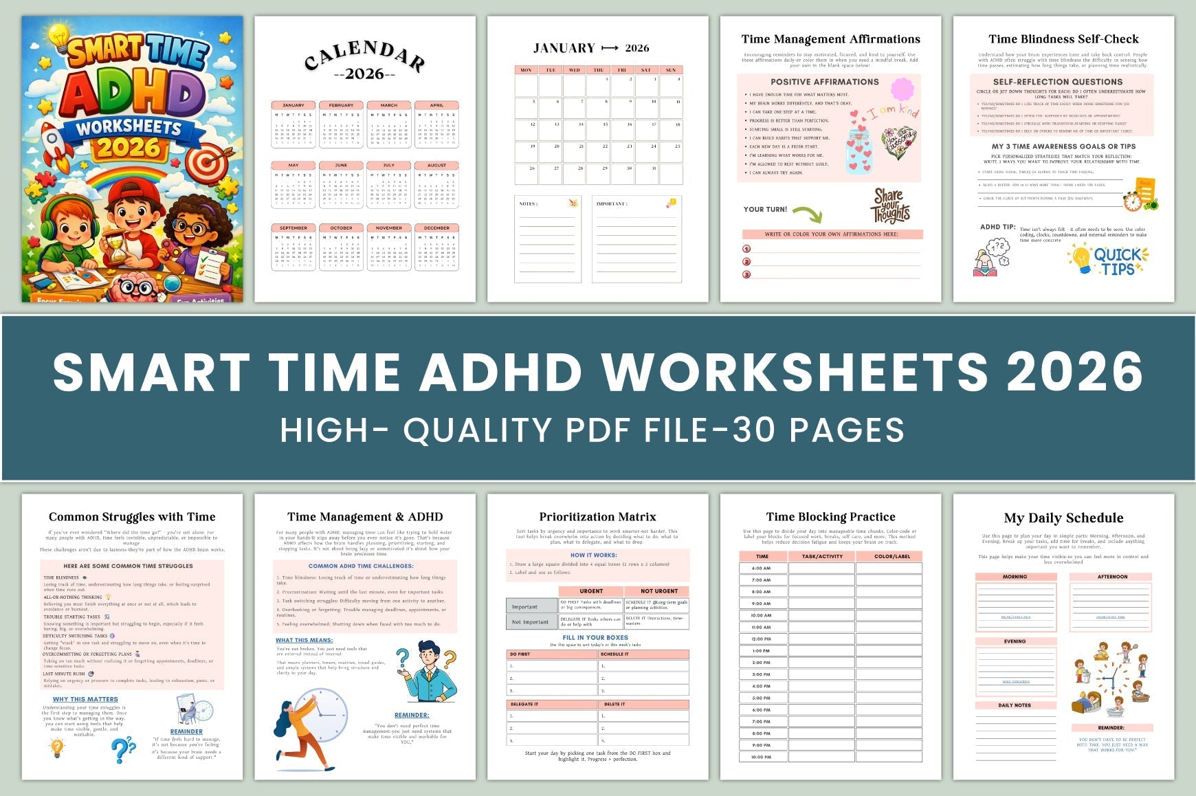 Smart Time ADHD Worksheets Book cover with printable time management pages
