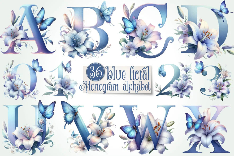Blue Floral Monogram Alphabet Clipart Bundle