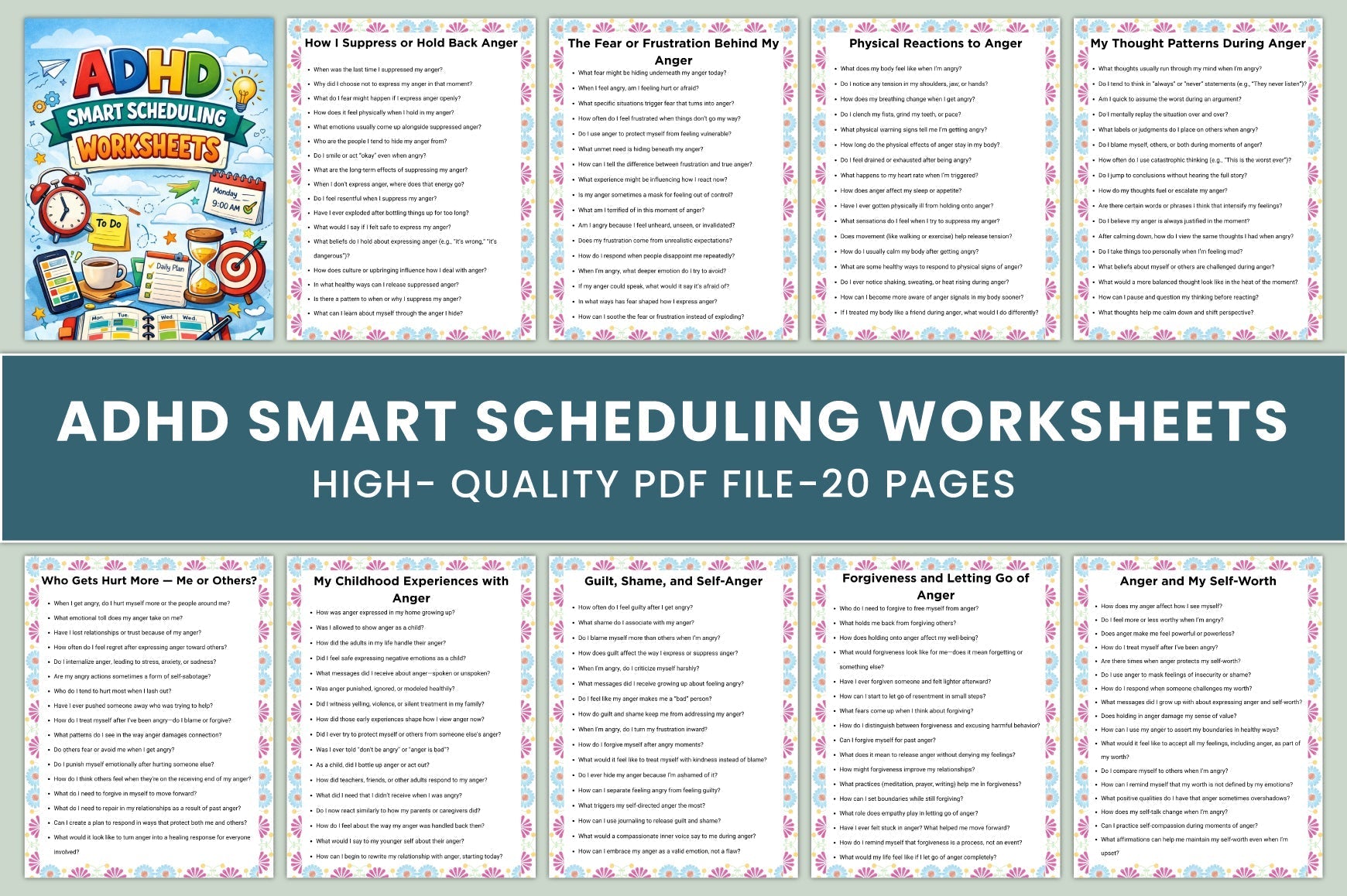 ADHD Smart Scheduling Worksheets Book cover with printable scheduling planner pages