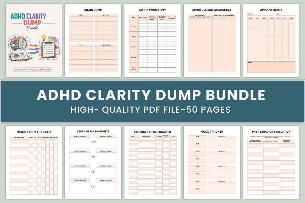 ADHD Clarity Journal cover with printable mindfulness and planning pages