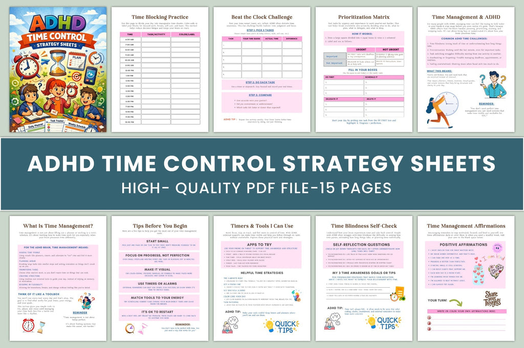 ADHD Time Control Strategy Sheets Planner cover with printable time management pages