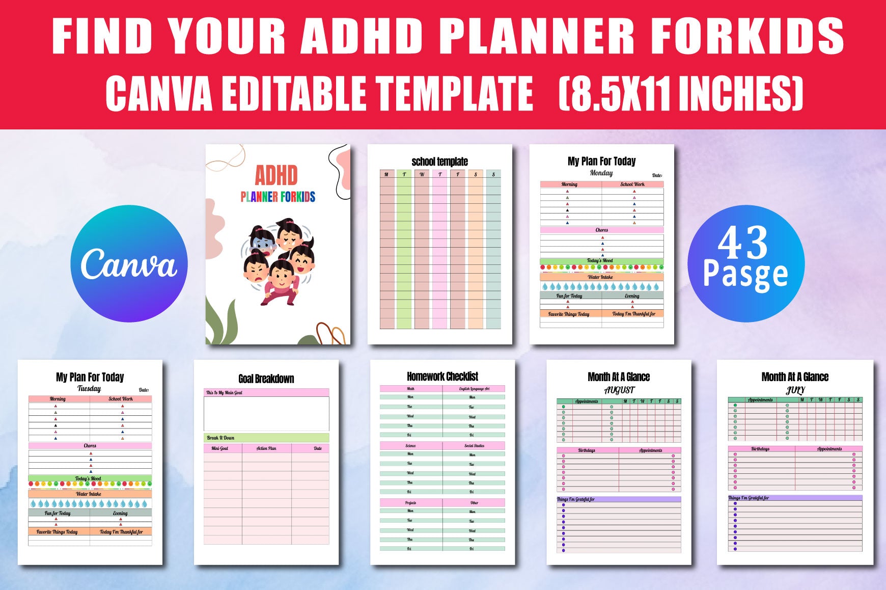 ADHD Kids Planner cover with printable planning and routine pages