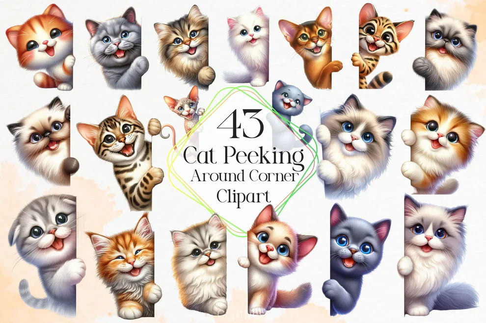 Cat Peeking Around Corner Clipart Bundle