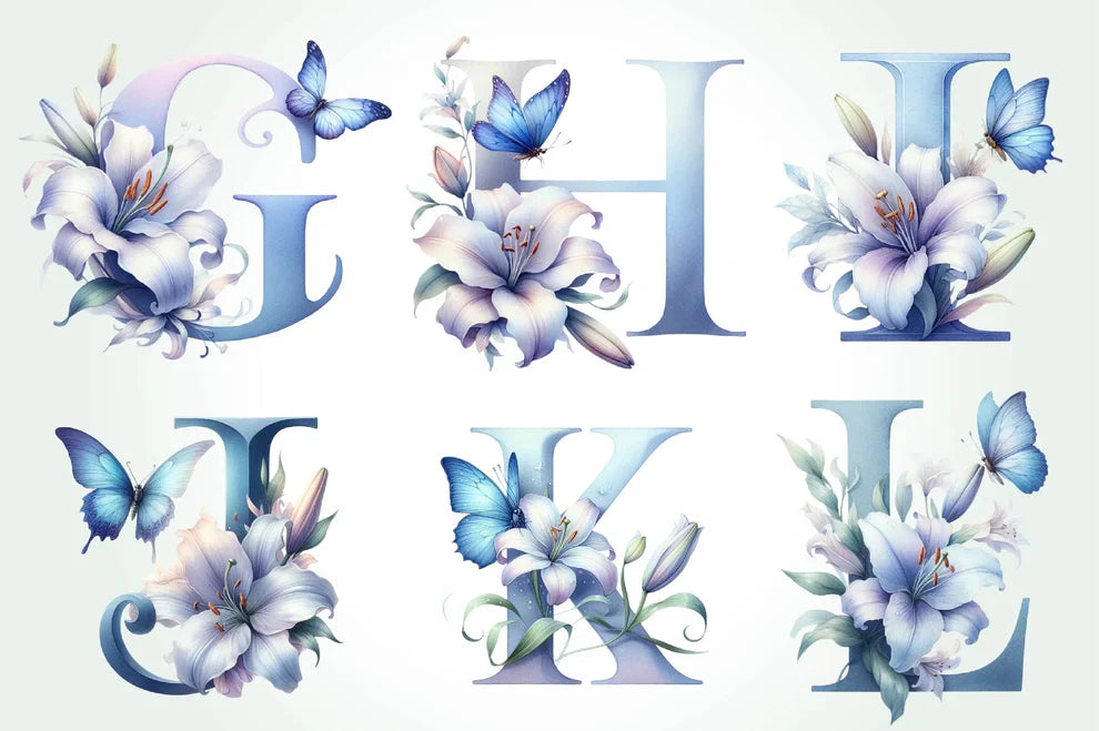 Blue Floral Monogram Alphabet Clipart Bundle
