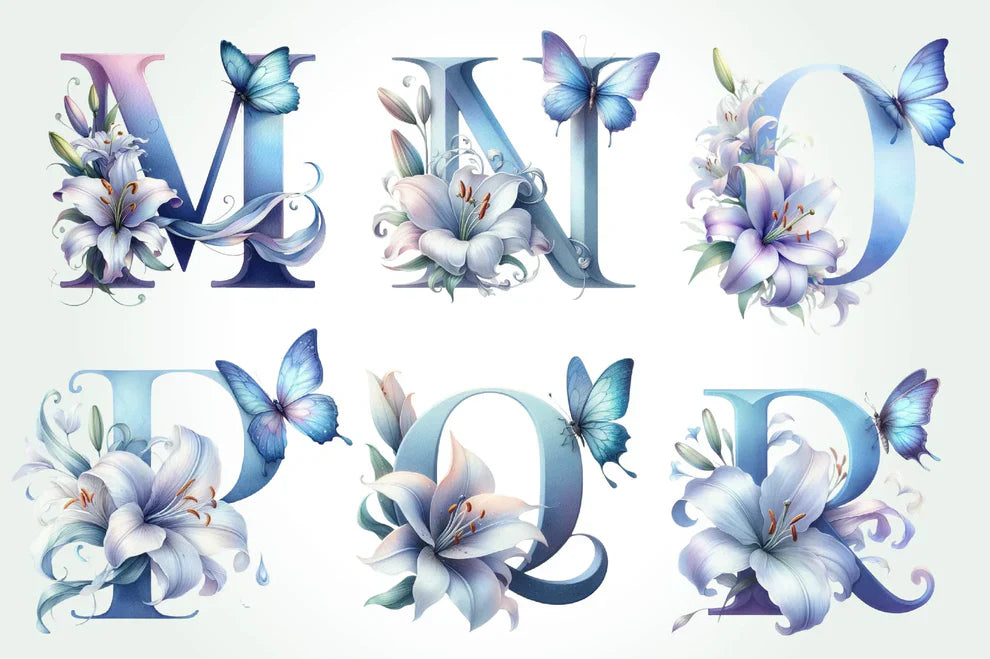 Blue Floral Monogram Alphabet Clipart Bundle