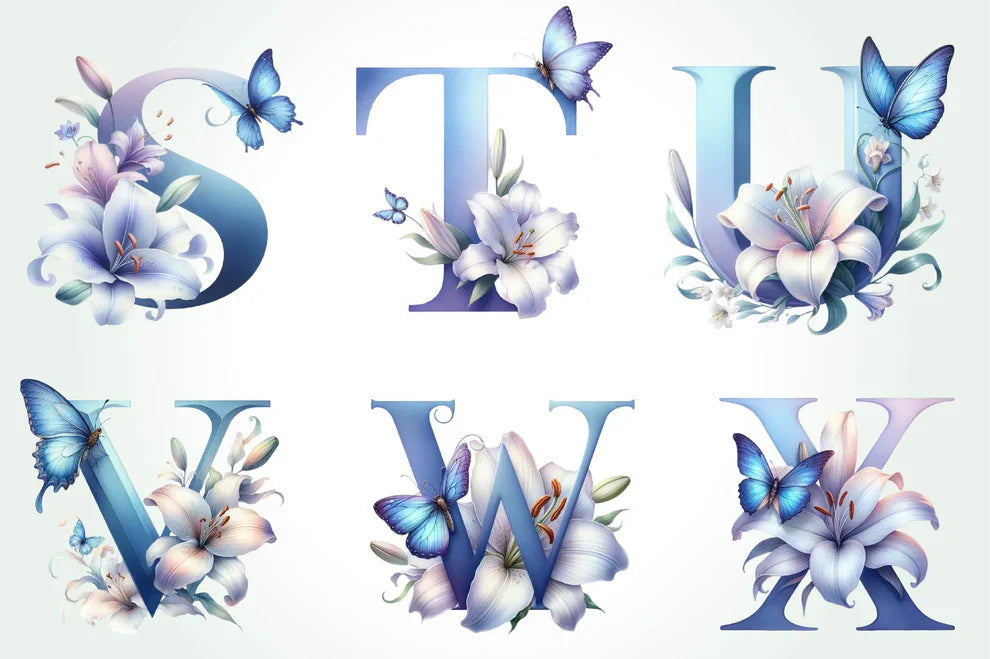 Blue Floral Monogram Alphabet Clipart Bundle