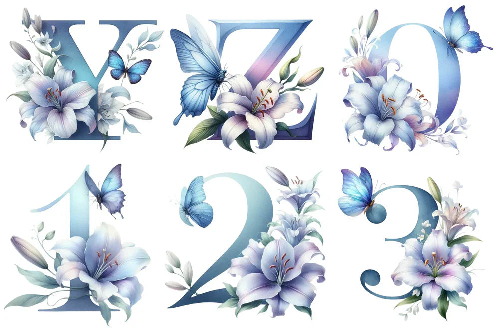 Blue Floral Monogram Alphabet Clipart Bundle