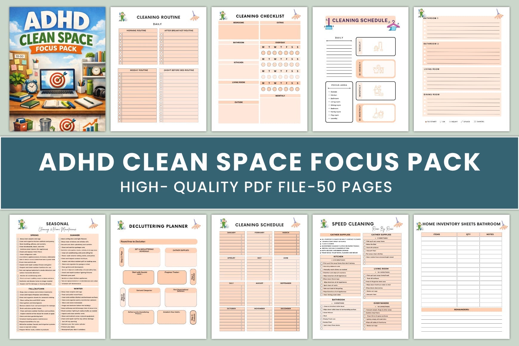 ADHD Clean Space Focus Planner cover with printable home organization pages