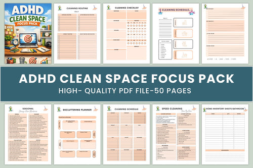ADHD Clean Space Focus Planner cover with printable home organization pages
