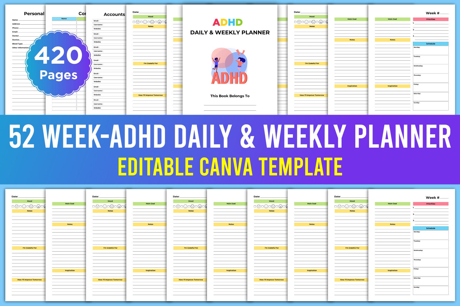 ADHD Daily Weekly Planner cover with printable planning and organization pages