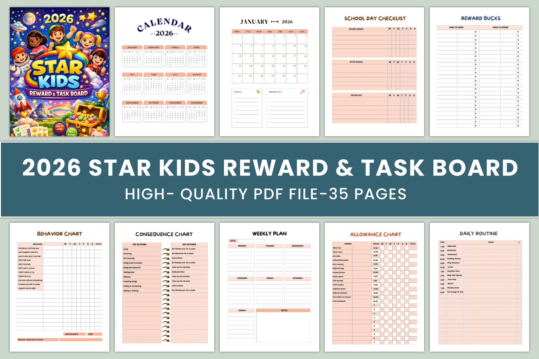 Star Kids Reward Task Board Planner
