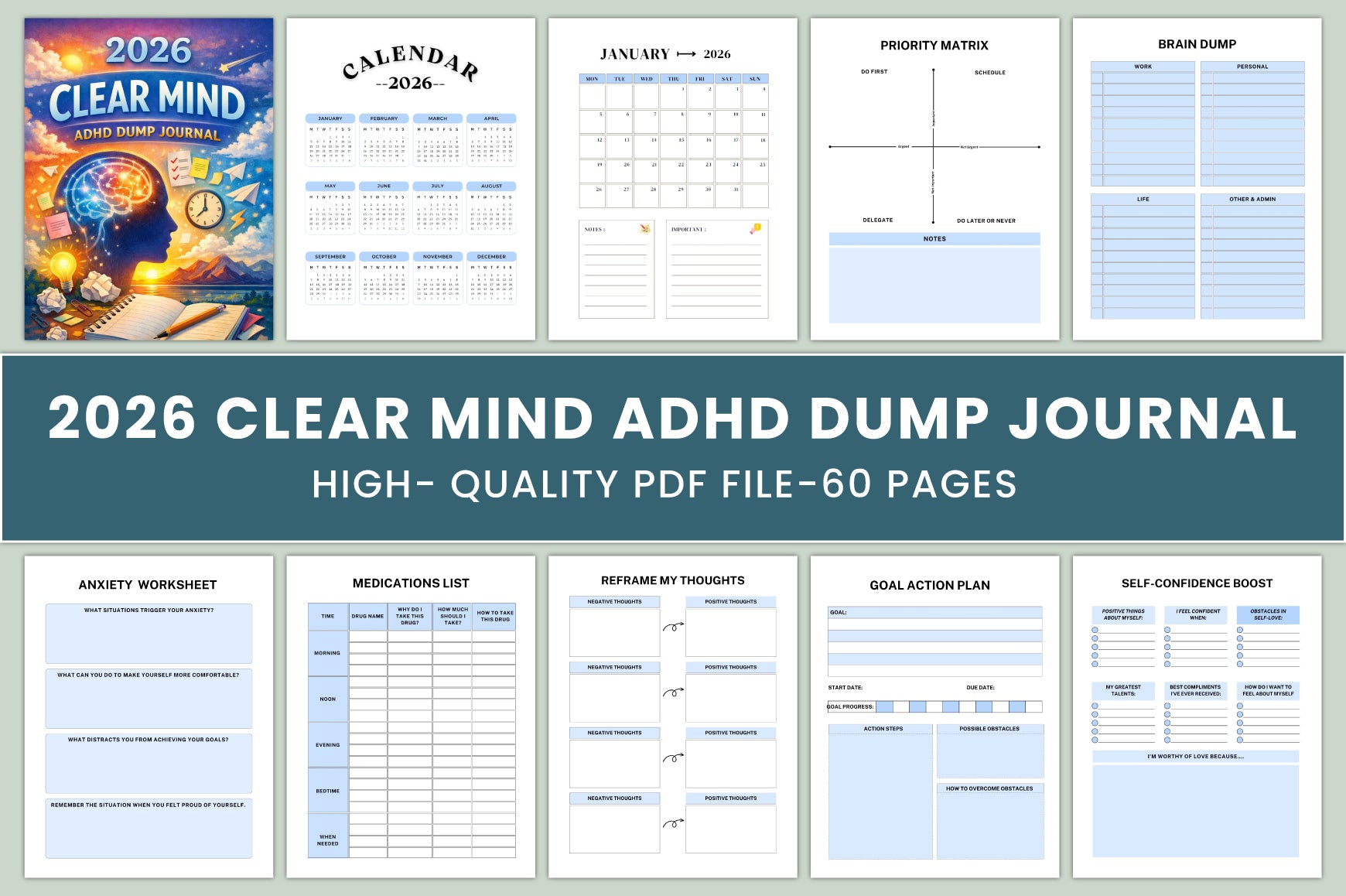 Clear Mind ADHD Journal cover with printable mindfulness journal pages