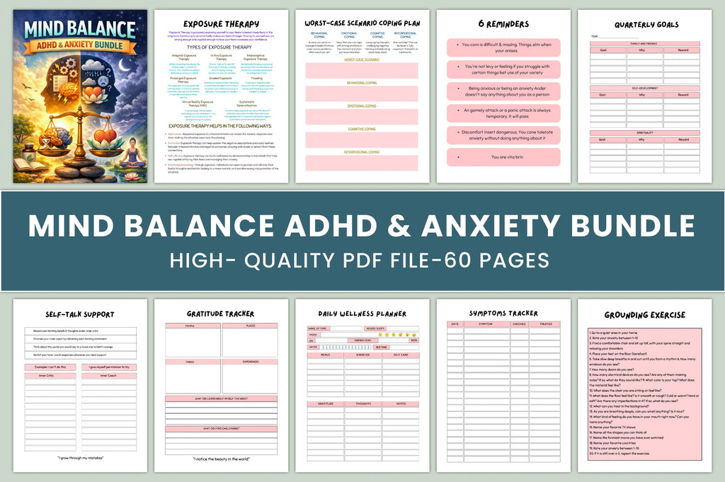 Mind Balance ADHD Anxiety Journal cover with printable wellness journal pages