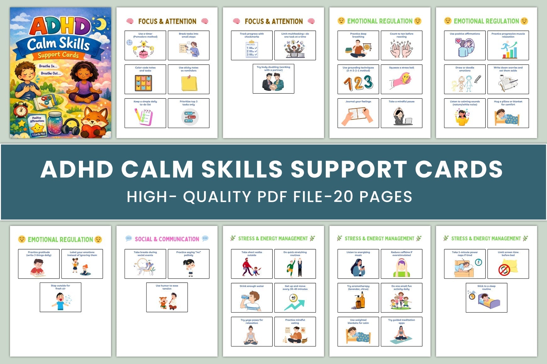 ADHD Calm Skills Support Cards cover with printable calming strategy cards