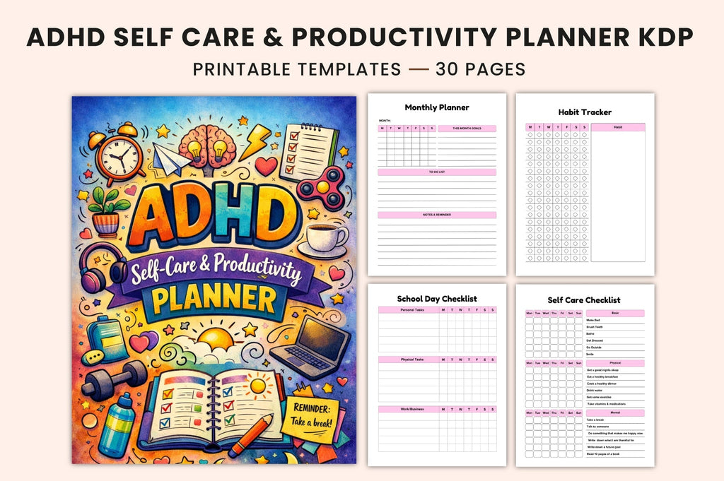 ADHD Self-Care Productivity Planner cover with printable planner pages