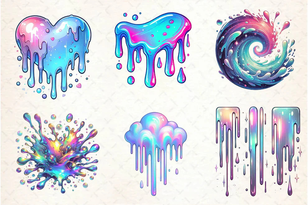 Holographic Drips And Splashes Clipart Bundle