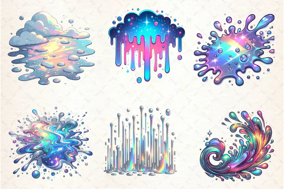 Holographic Drips And Splashes Clipart Bundle