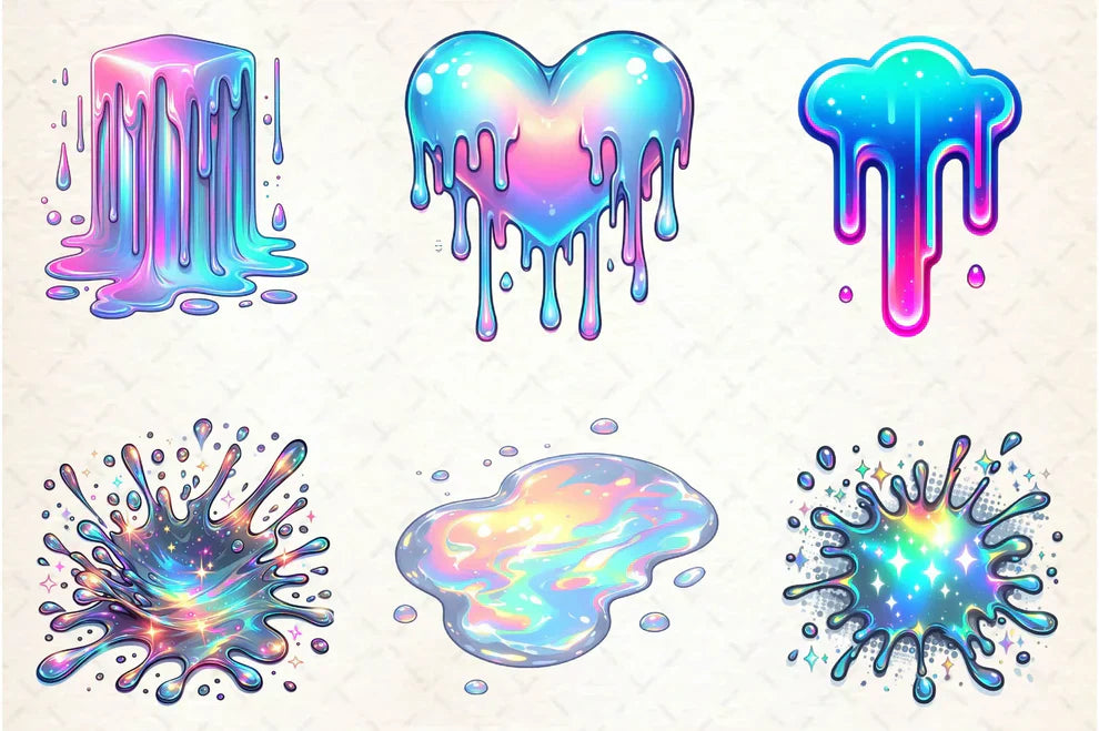 Holographic Drips And Splashes Clipart Bundle