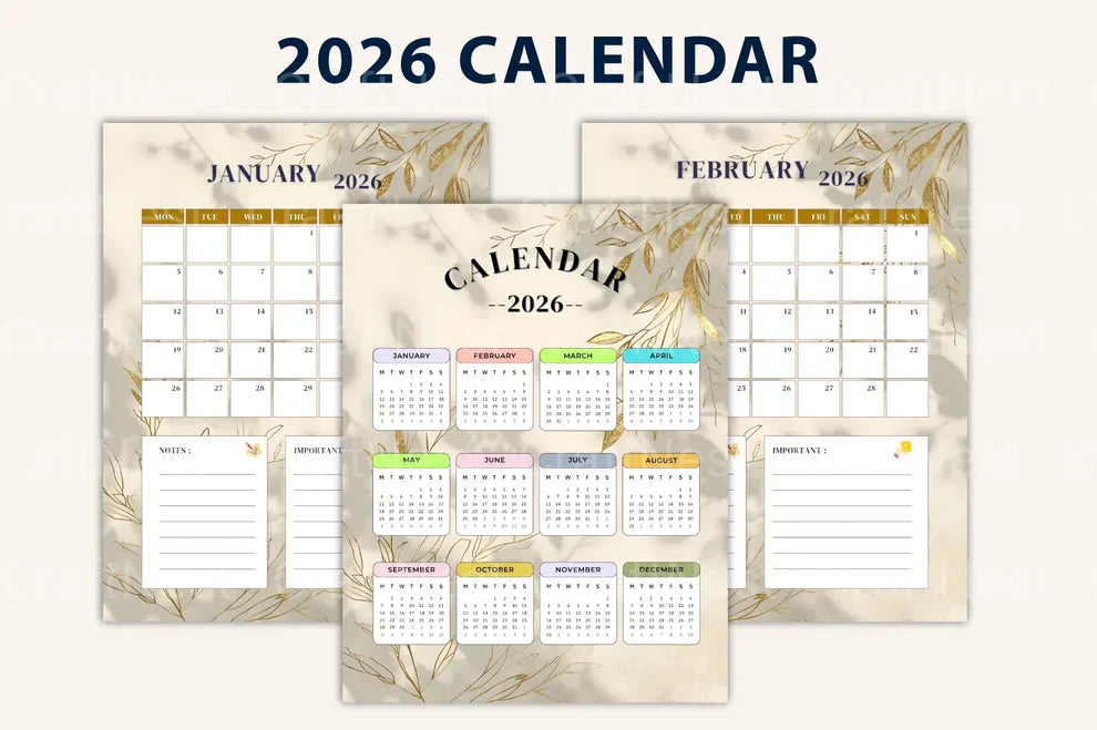 2026 printable calendar pages digital product with floral details.
