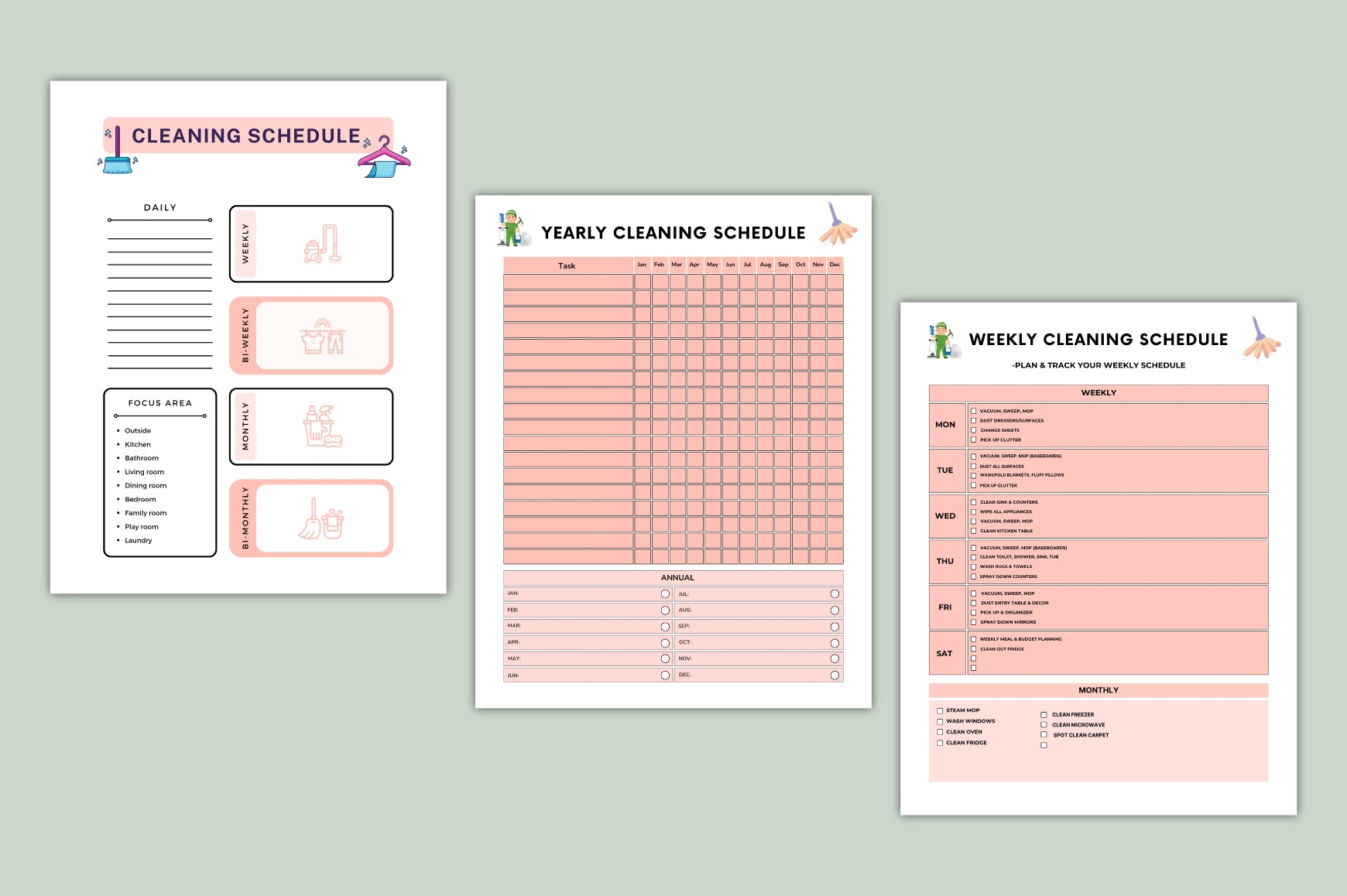 ADHD Home Cleaning Planner with daily and weekly cleaning routine pages