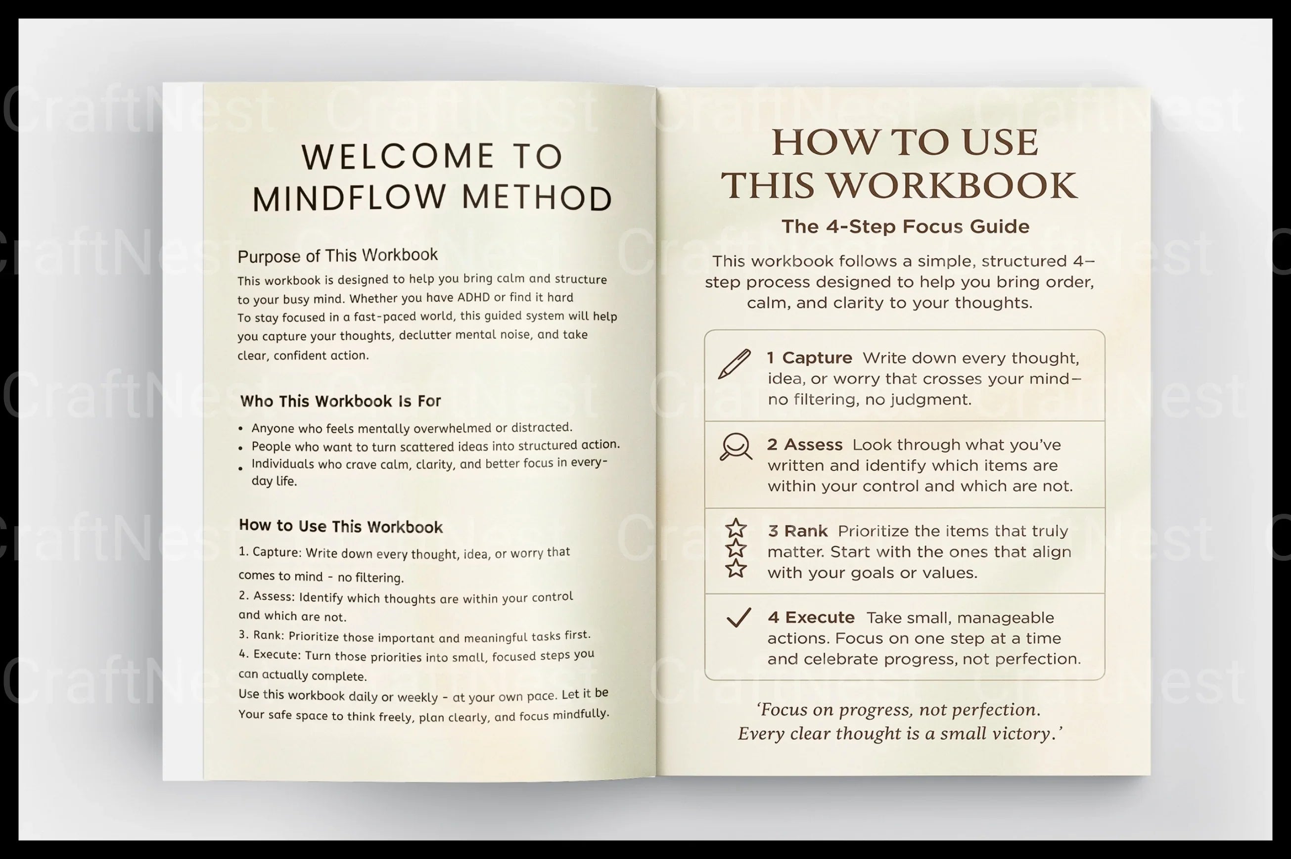 Printable ADHD Mind Flow Method workbook for organizing thoughts and daily priorities
