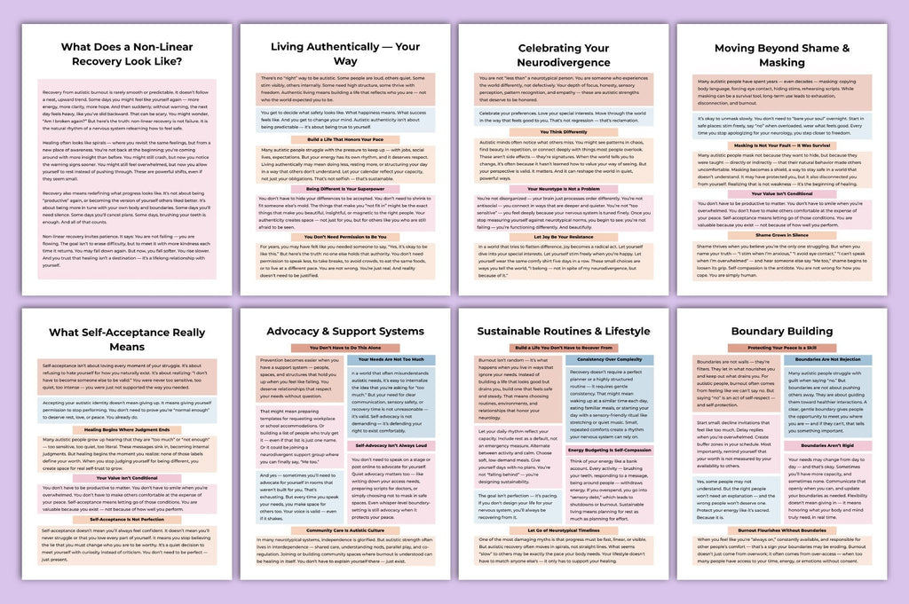 Autistic Burnout Recovery Workbook featuring recovery planning templates