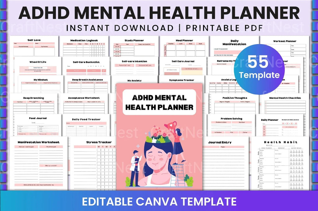 ADHD Mental Health Planner for Improved Focus cover with printable planner