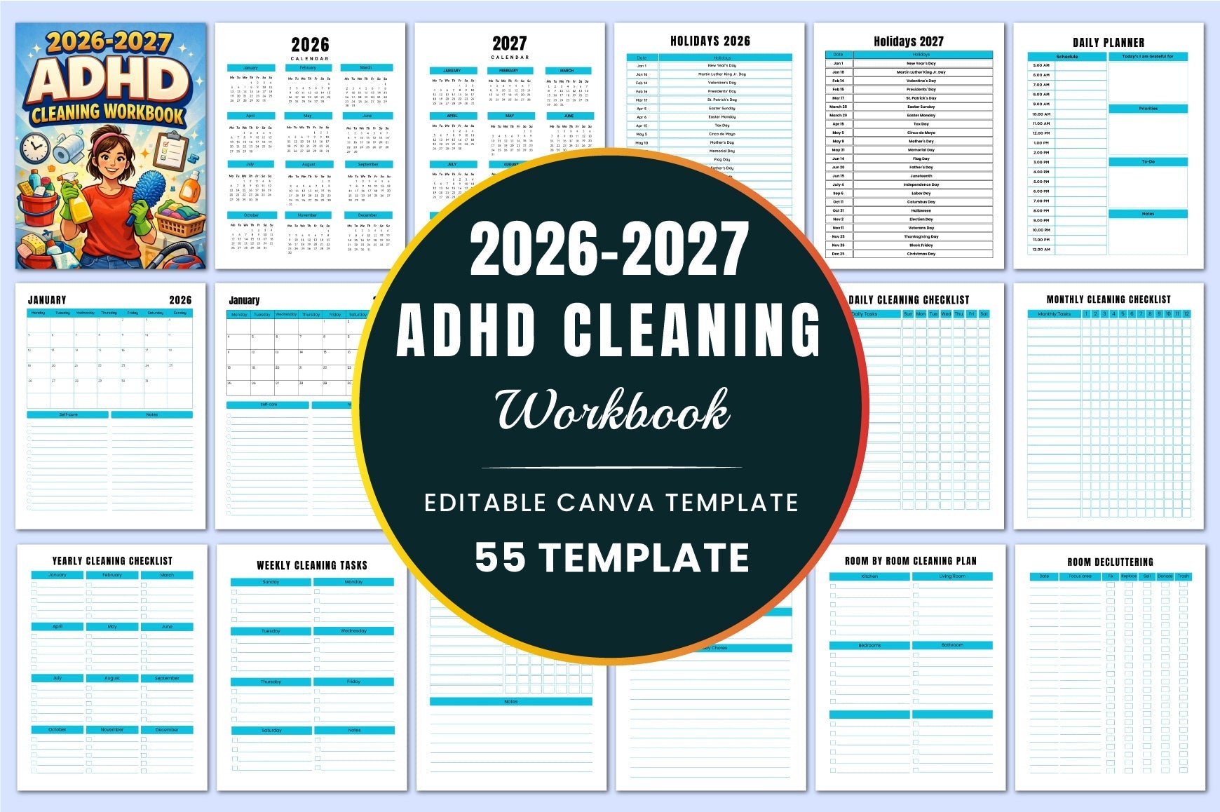 ADHD Cleaning Workbook cover with printable home cleaning planner