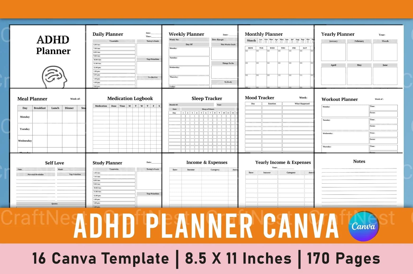 ADHD Printable Planner Canva template cover page for ADHD Brain Boost system
