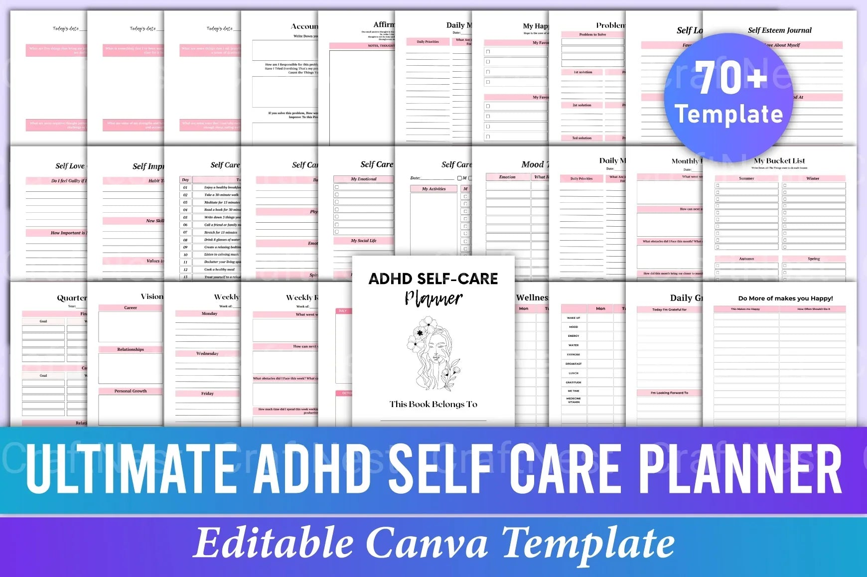 Ultimate ADHD Self-Care Planner printable cover with self-care, wellness, and daily organization pages