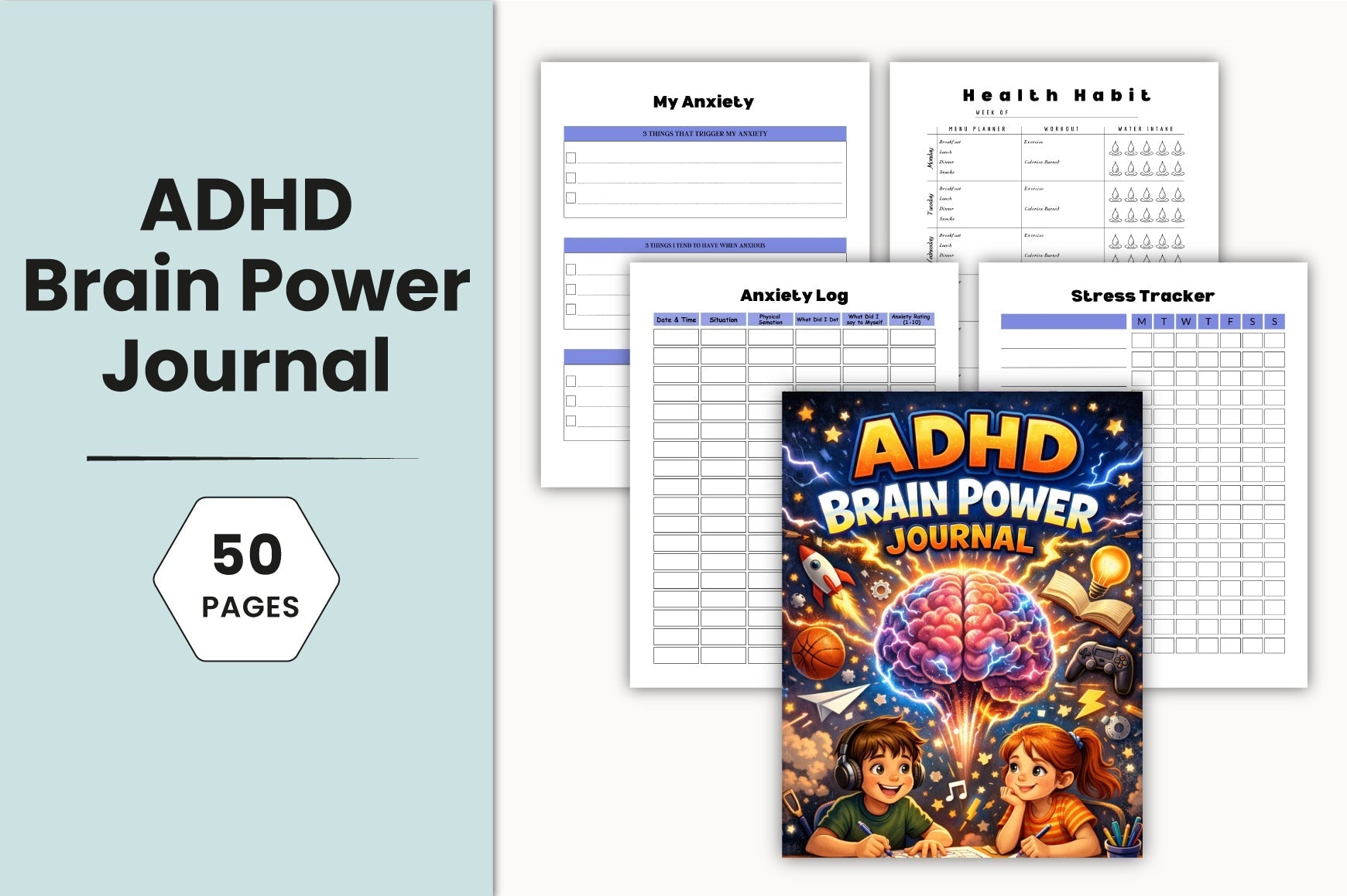 ADHD Brain Power Journal cover with printable journal pages